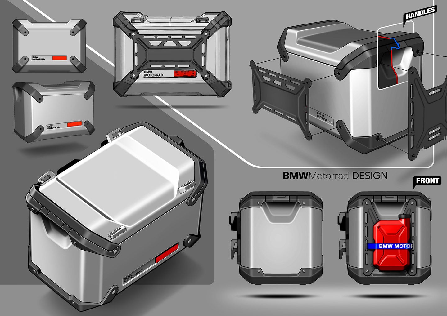New aluminum side cases offer a total capacity over 73 liters and securely attach to aluminum case holders. Magnetic coupling in the left case holder acts as an interface for the USB charging socket in the left case.