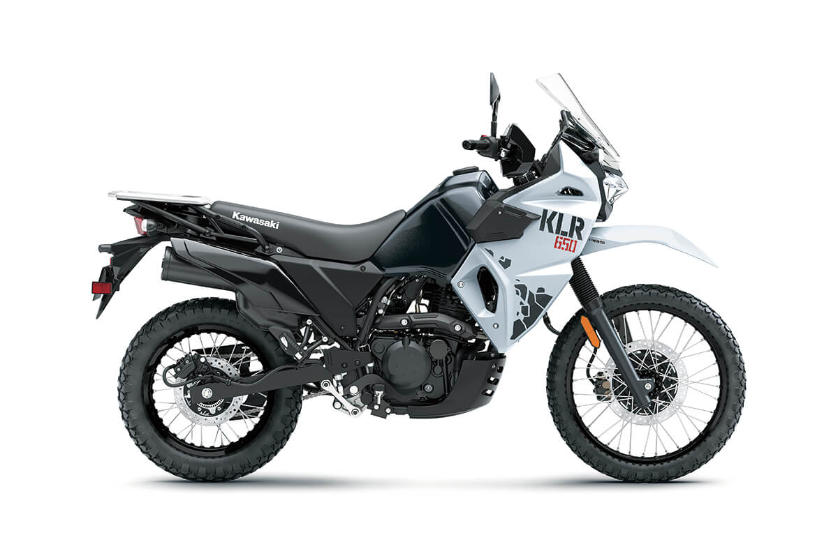 Updated in 2022, the Kawasaki KLR650 is a modernized single-cylinder adventure bike.