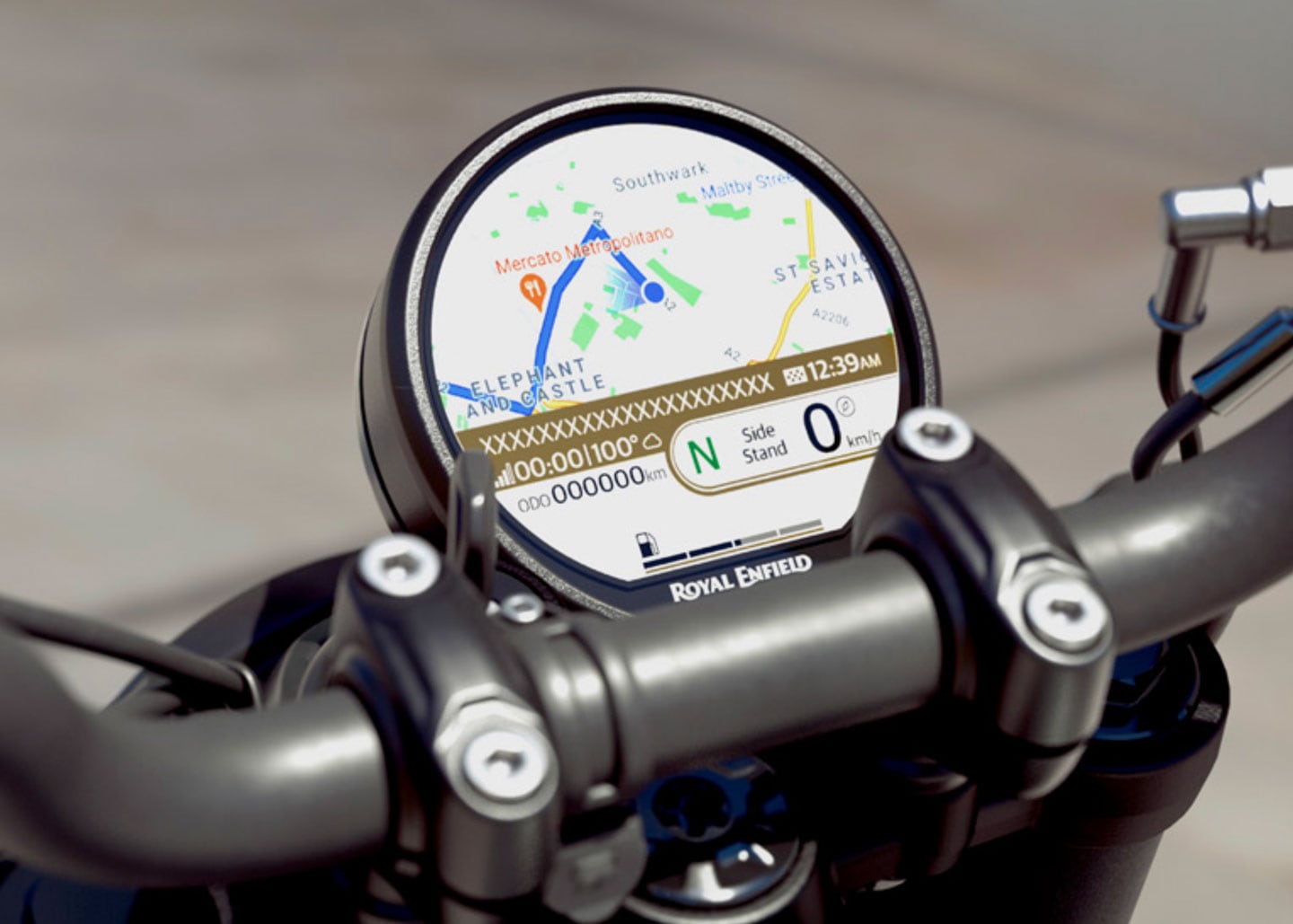 The 4-inch TFT dash on the Guerrilla 450 has multiple layouts, including a navigation screen powered by Google via the Royal Enfield app.
