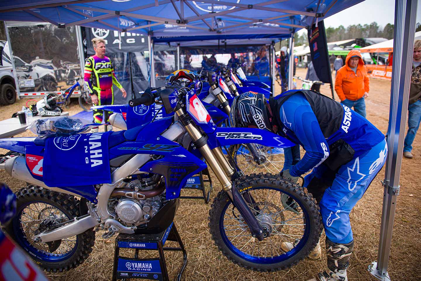 Giving the YZ450FX one last check-over before heading to the start.