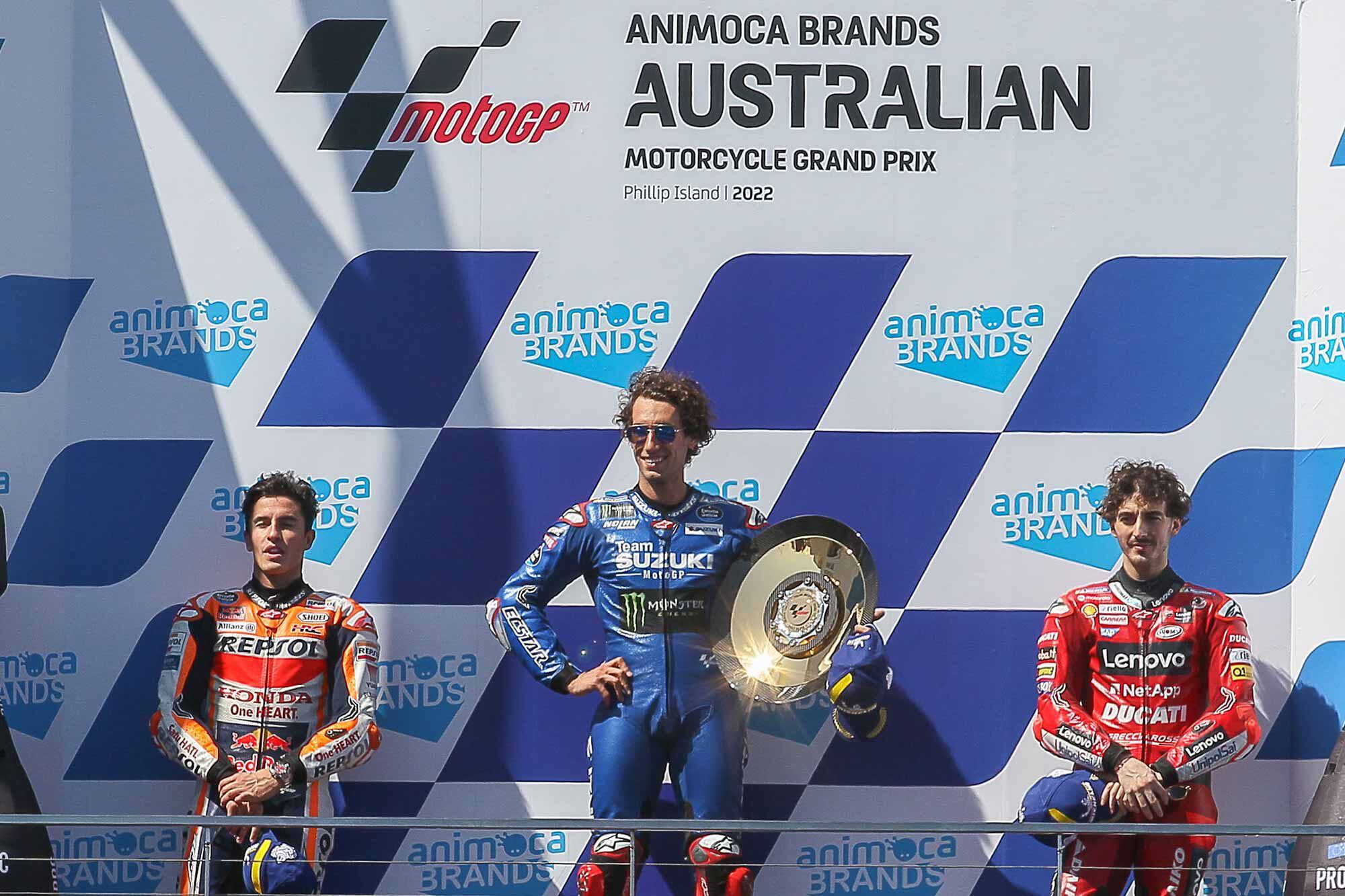 One podium, three stories. In third, we have our new series leader, Francesco Bagnaia. In second, Marc Márquez showed he’s ready to start winning again. And in first, Álex Rins; though he won’t be riding for Suzuki next year, he gave the team the win they so deserve.