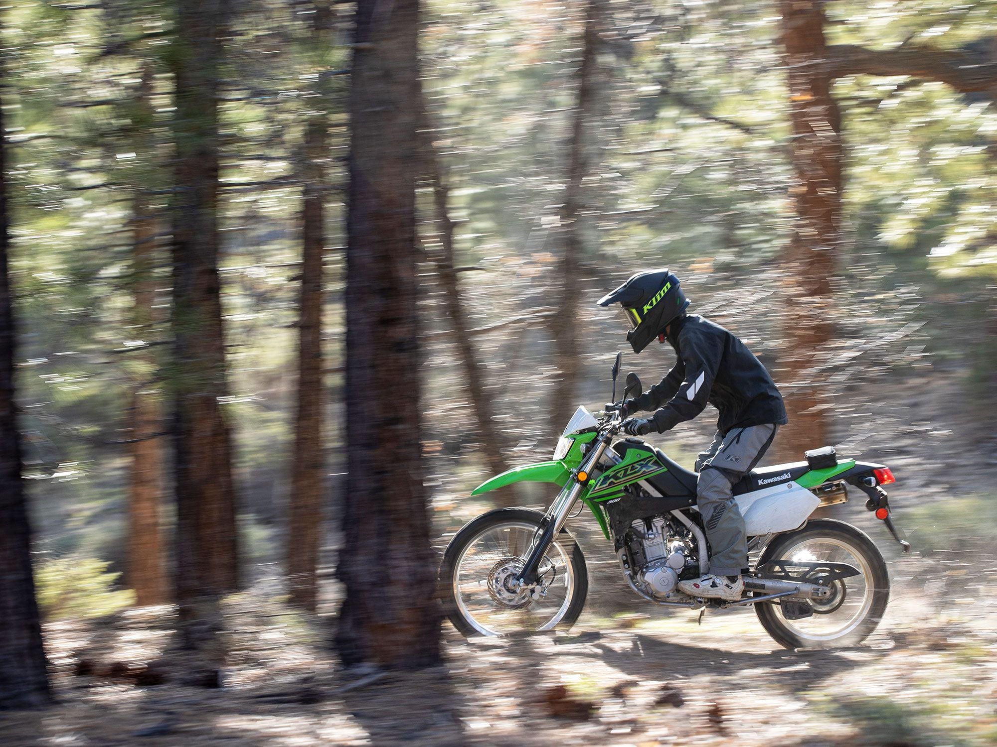 The KLX300 is quite nimble and agile, especially considering its 302-pound wet weight as measured on the <em>Dirt Rider</em> scales.