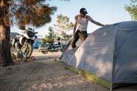 setting up big agnes bikepacking 3 tent at pioneertown