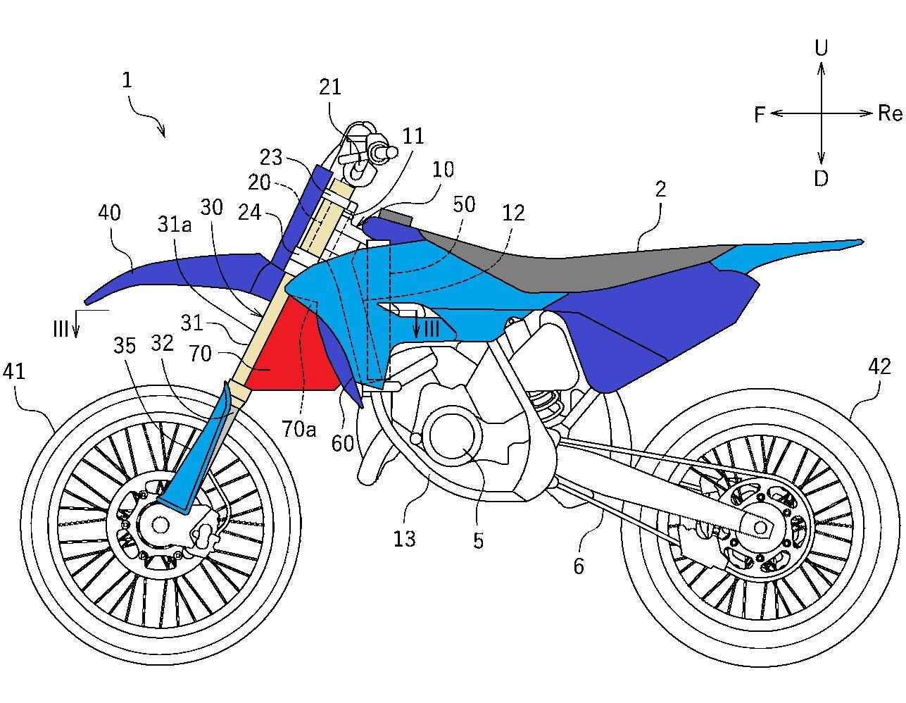 In this illustration you can see the winglet (colored red) on the rear of the fork leg that is designed to direct air more efficiently into the radiator.