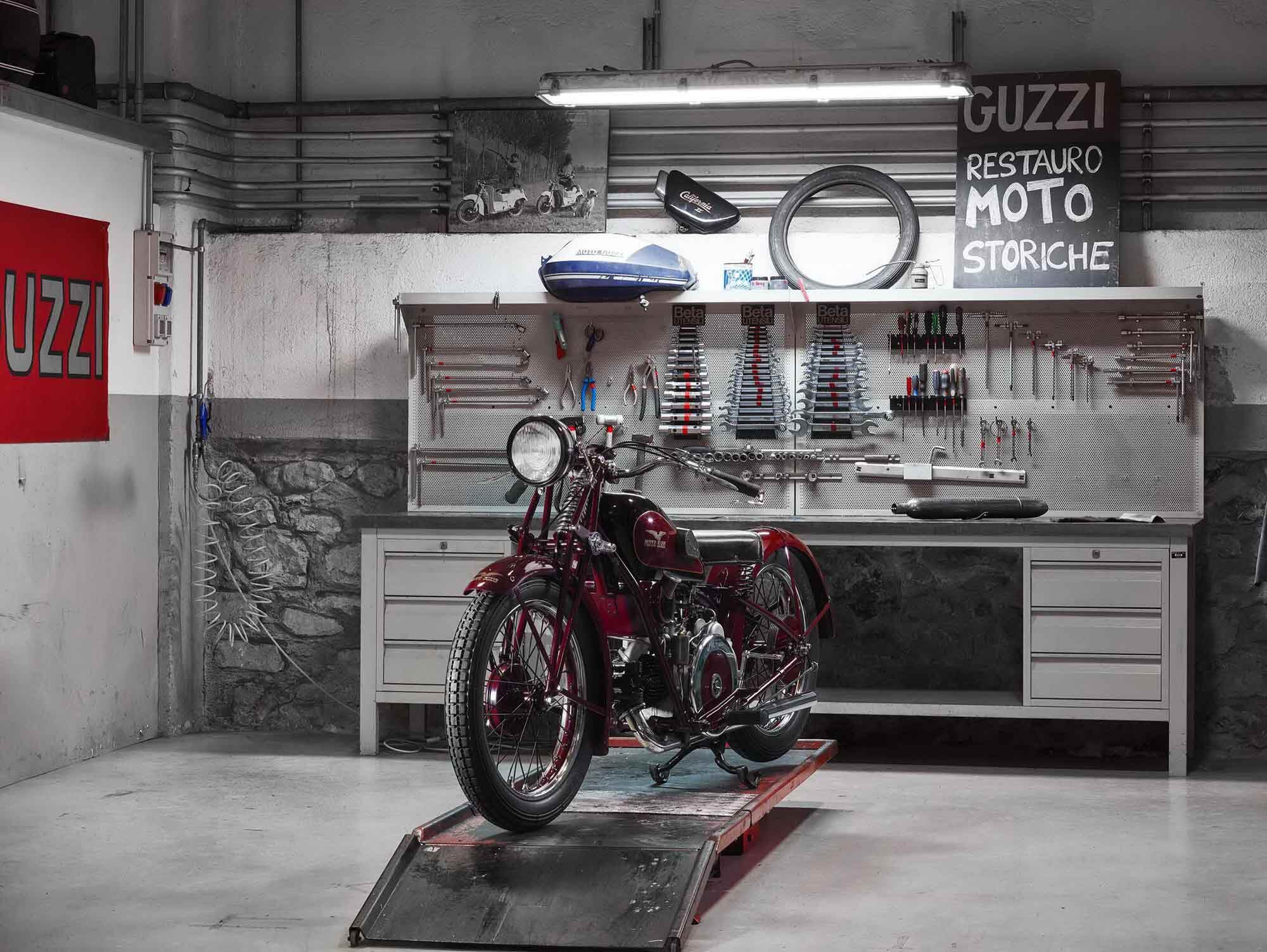 In 1928, Giuseppe Guzzi rode a new Moto Guzzi model 4,000 miles from the company headquarters to Capo Nord, Norway, in the Arctic Circle, showcasing his bike’s then-new (and radical) swingarm rear suspension. Consequently, a Guzzi “Norge” gets its own prominent display.