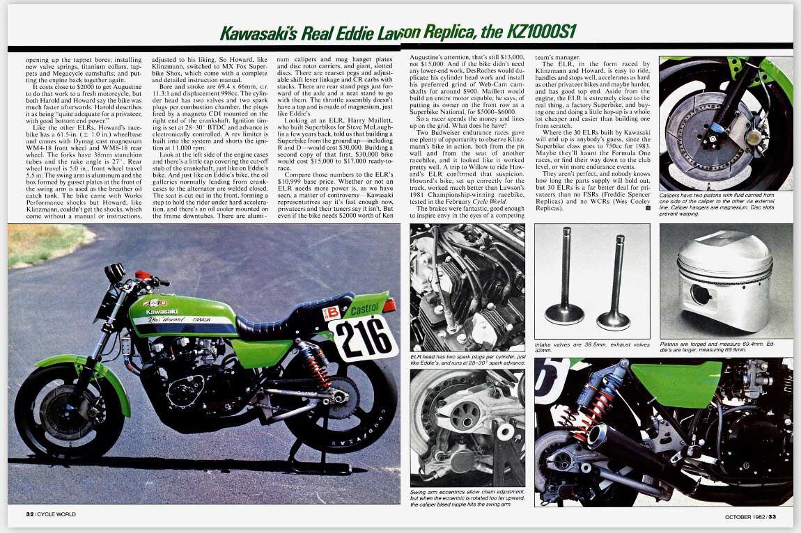 Spread two from our 1982 story on the Eddie Lawson replica Kawasaki KZ1000R.