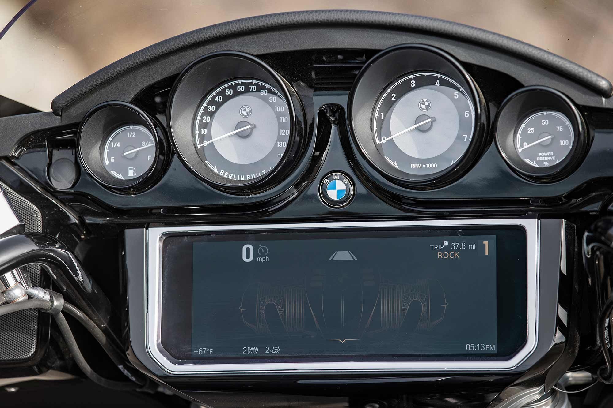 Four analog gauges and the 10.25-inch screen on the 2022 BMW R 18 B First Edition.