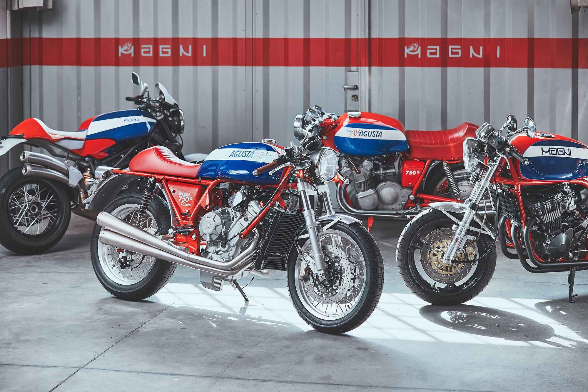In his second career as a builder, Magni never strayed from his recipe for success. In the back you see an original MV 750 Sport. In the foreground is a special edition powered by a Suzuki 1200 engine, and an 800 Tributo.