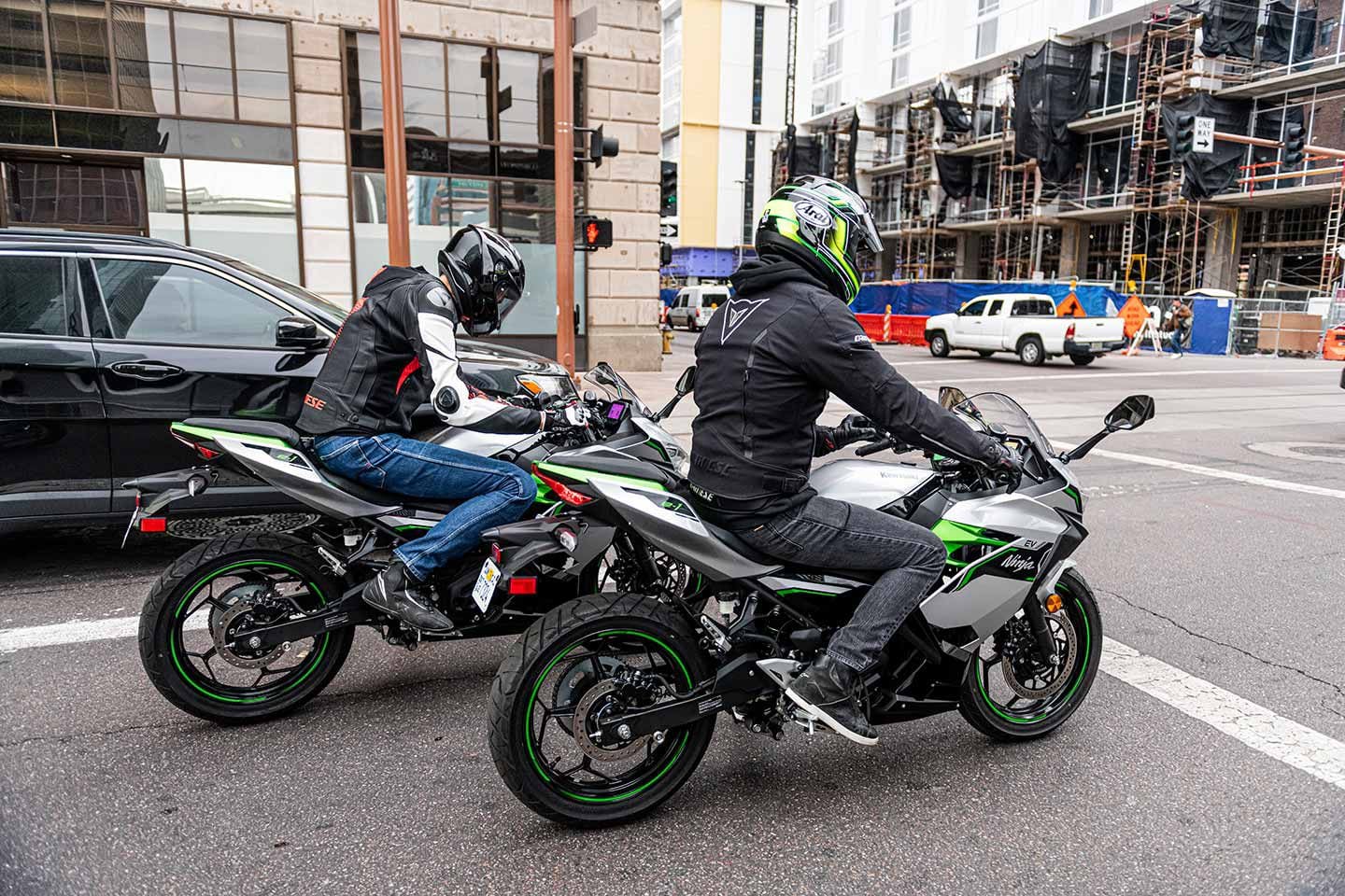 The sporty, full-fairing Ninja e-1 looks the part around town.