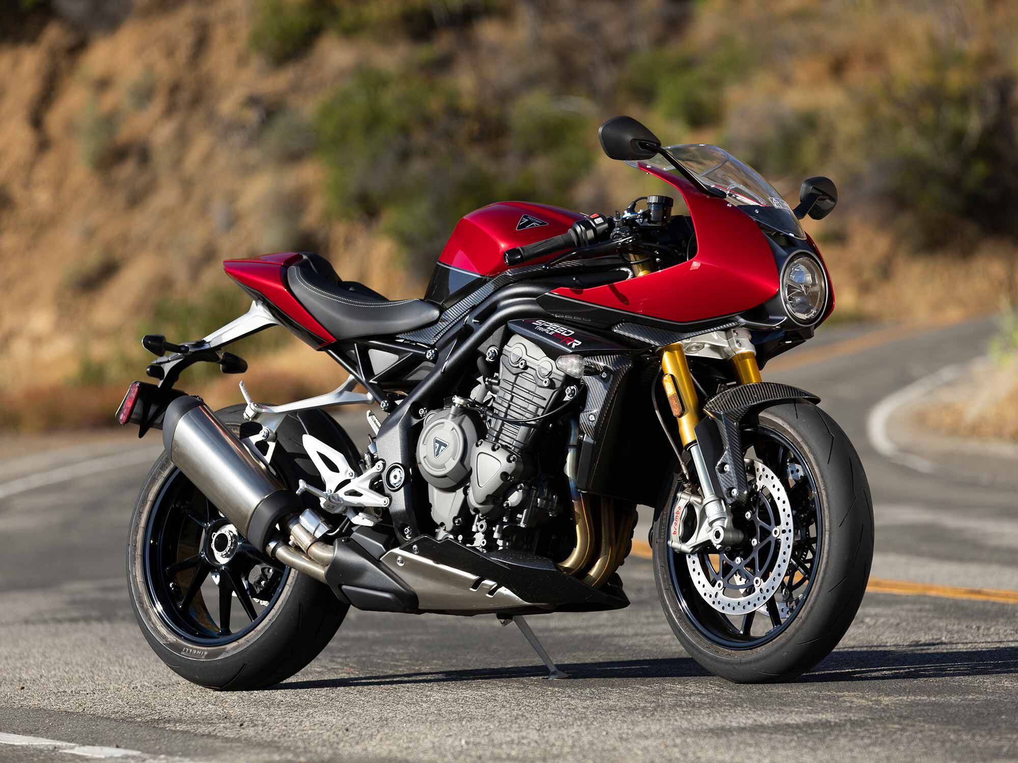 A “cockpit” half fairing and clip-ons hint at the performance potential of the Speed Triple 1200 RR.