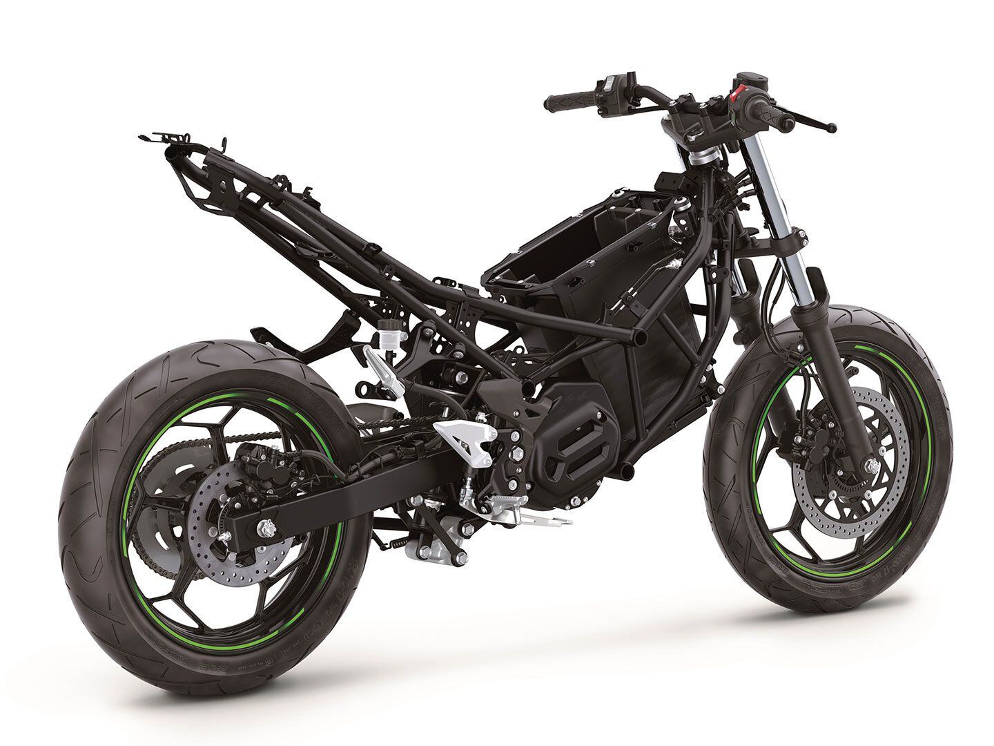 Sous la carrosserie des Kawasaki Ninja e-1 et Z e-1 se trouvent de nombreux éléments qui ressemblent à une moto de sport conventionnelle : cadre en treillis, empattement de 53,9 pouces, inclinaison de 24,4 degrés et débattement de 3,7 pouces.
