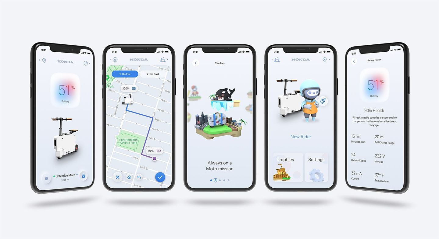 Honda’s Motocompacto phone app allows you to see the current state of battery charge, view information on overall battery health, and use the trip calculator to estimate battery remaining at your intended destination.