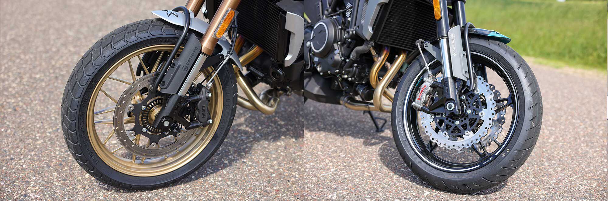 The 700CL-X Sport (right) gets a massive upgrade in the braking department, with Brembo Stylema calipers biting dual 300mm discs. Base model (left) runs a J.Juan caliper and single 320mm disc up front.