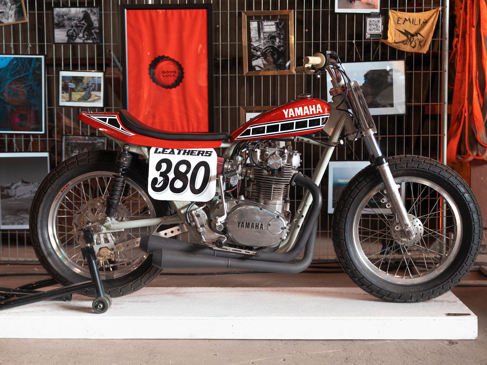 Alex Leathers’ 1977 Yamaha XS650 flat-track racebike.