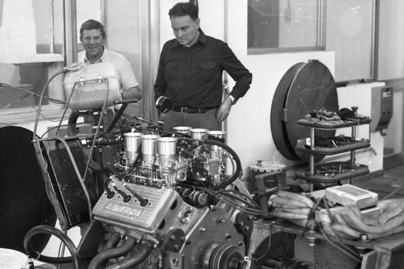 Luciano Zen (right) and Guilio Alfieri (left) with the Laverda V6 engine on the dyno. Alfieri had come from Maserati, and the V6 showed his automotive influence.