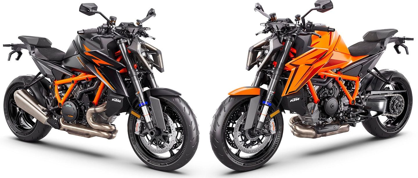 Two color options for the 1390 Super Duke R Evo—KTM orange or black. Starting price is $21,499, but you’ll probably want to add the KTM’s optional electronic and suspension packages.