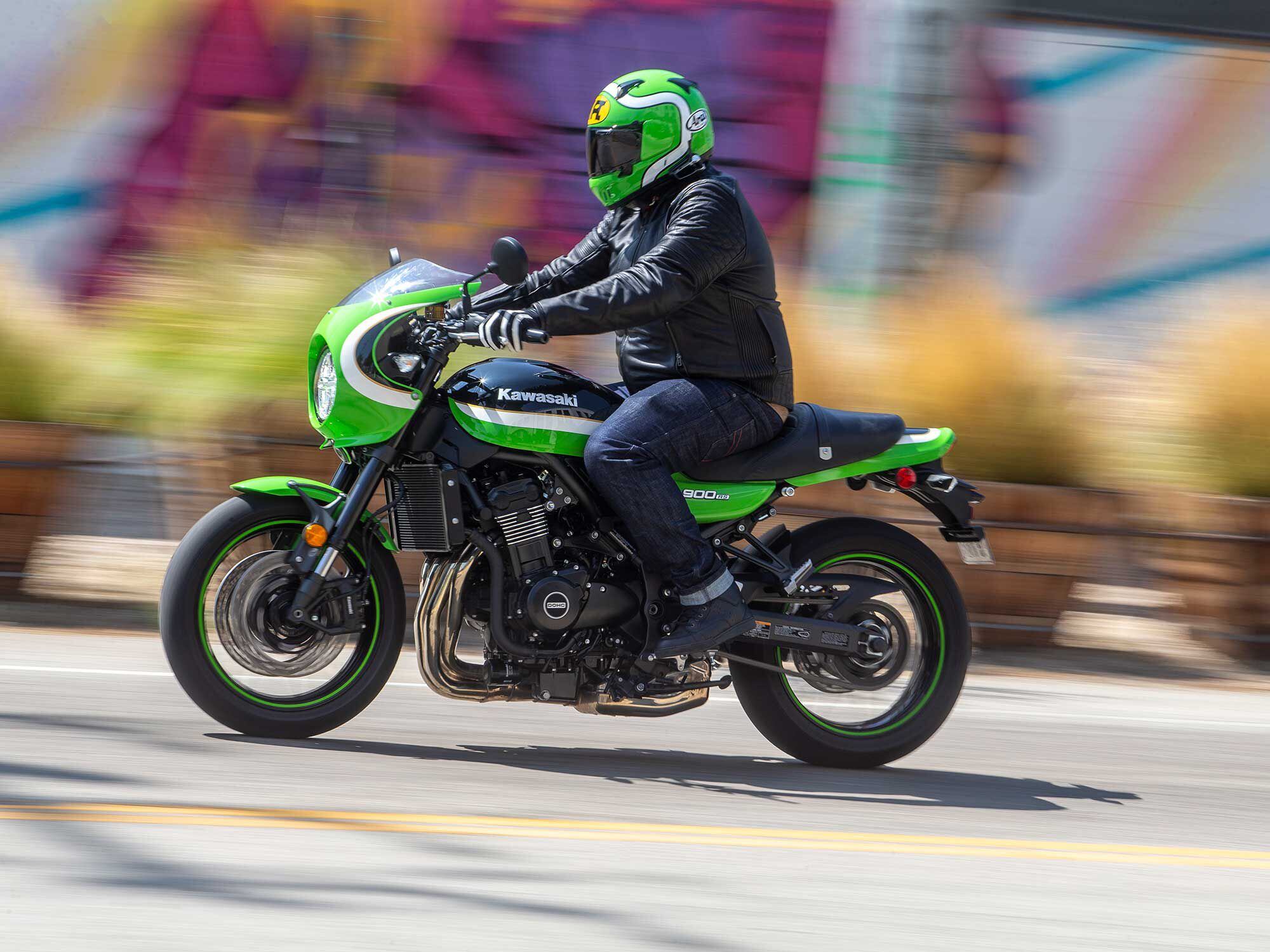 The Kawasaki Z900 has the most upright ergonomic position, resulting in a comfortable ride for all three testers. Justin Dawes here is 5 feet, 10 inches tall.