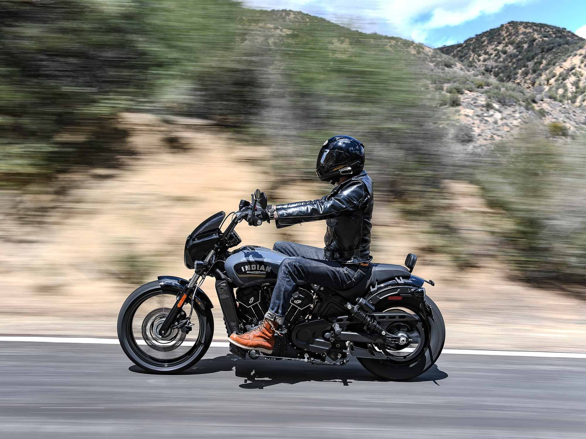 Accessory shocks on the Scout Rogue are an inch taller, improving not only ground clearance and lean angle, but high- and low-speed damping and ergonomics for taller riders.