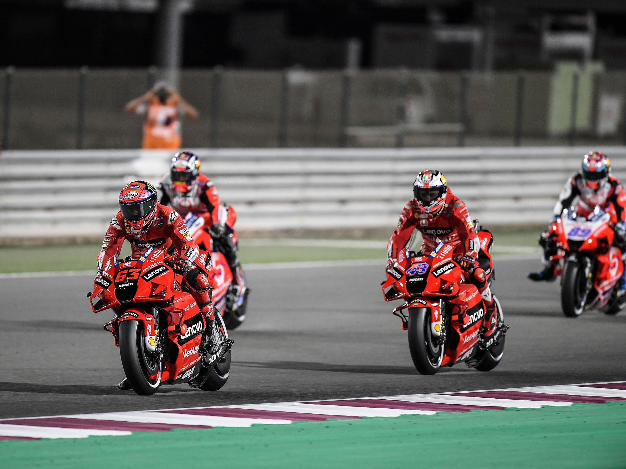 Ducati’s holeshot device was effective, putting four Ducatis at the front on the start.