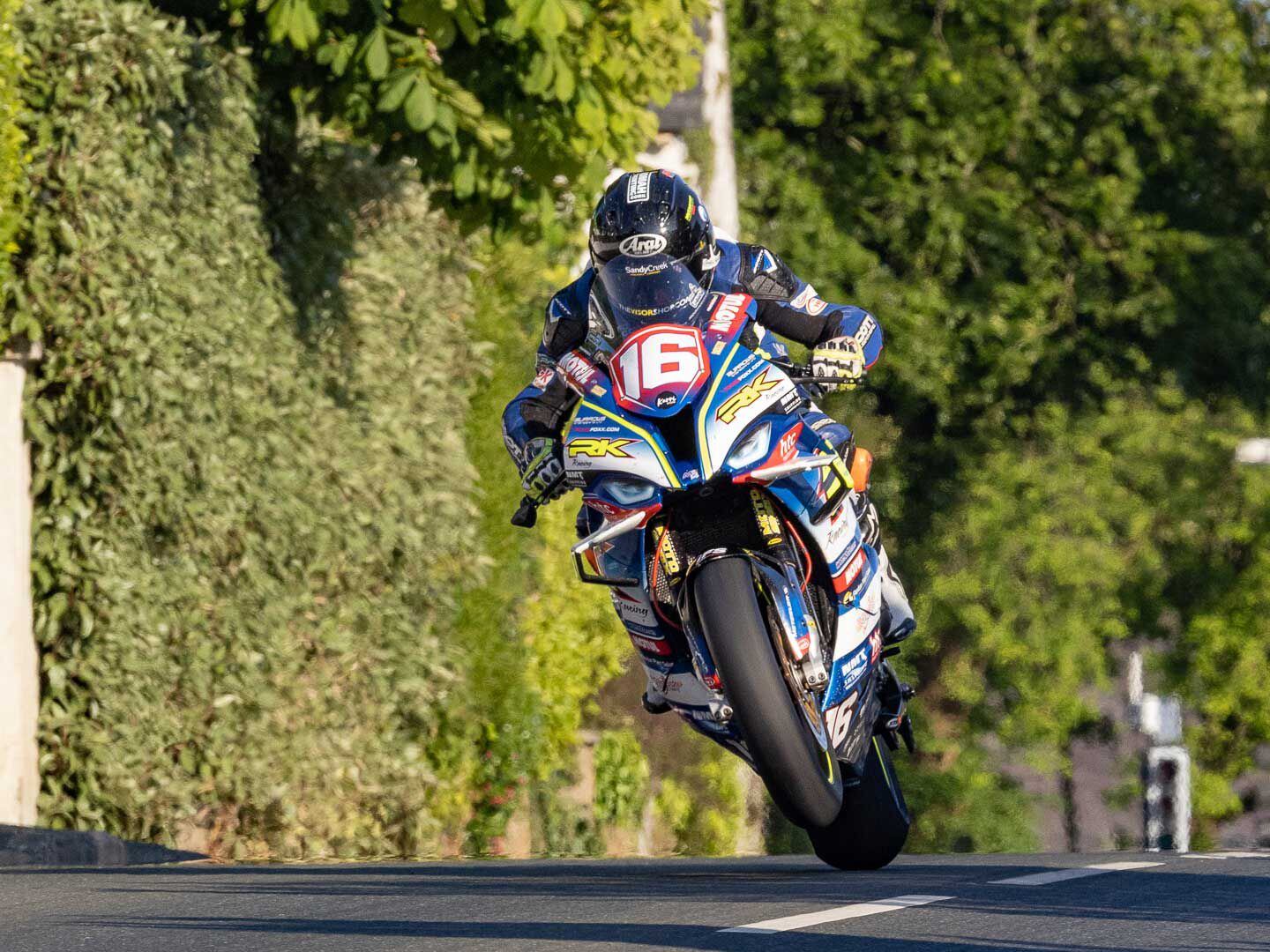 Mike Browne, who first competed at the TT in 2019 and has had seven prior starts, started all eight solo races for 2023. Evening practice on his BMW M 1000 RR Superstock. Browne finished second in the Supertwin race aboard his Paton S1-R.