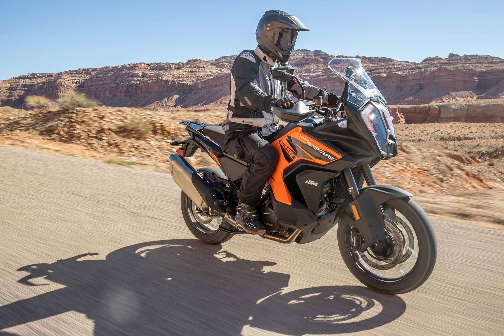 The KTM’s seat feels thin and firm, but the riding position is great on road or off, while the windscreen provides good protection and is easy to adjust.
