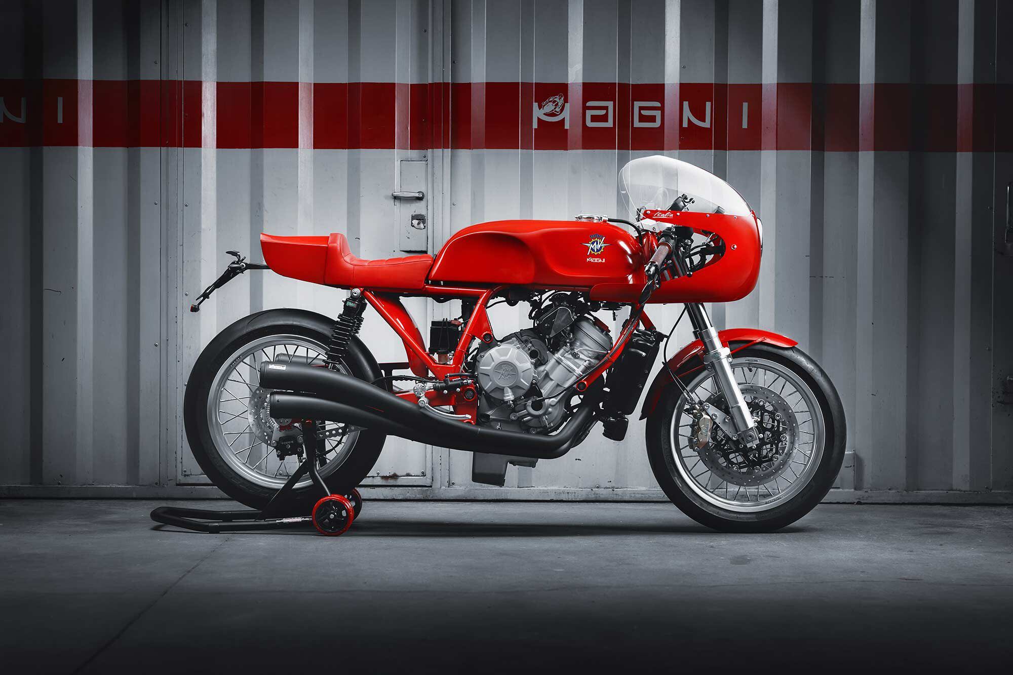 A restored Moto Magni 800 Italia with an MV powerplant. Note the signature curving exhausts. About as beautiful a motorcycle as there’s ever been.