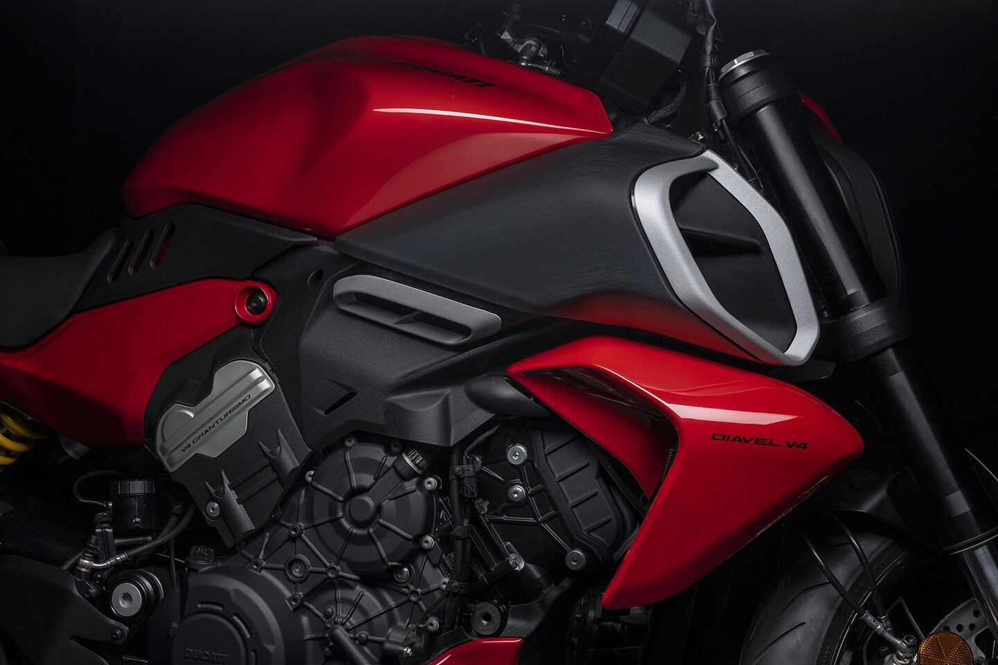 The 2023 Diavel V4 uses the V-4 Granturismo engine from the Multistrada V4. The prominent air intake references previous Diavel models while the radiator shroud and more aggressive tank veer even further from the cruiser formula.