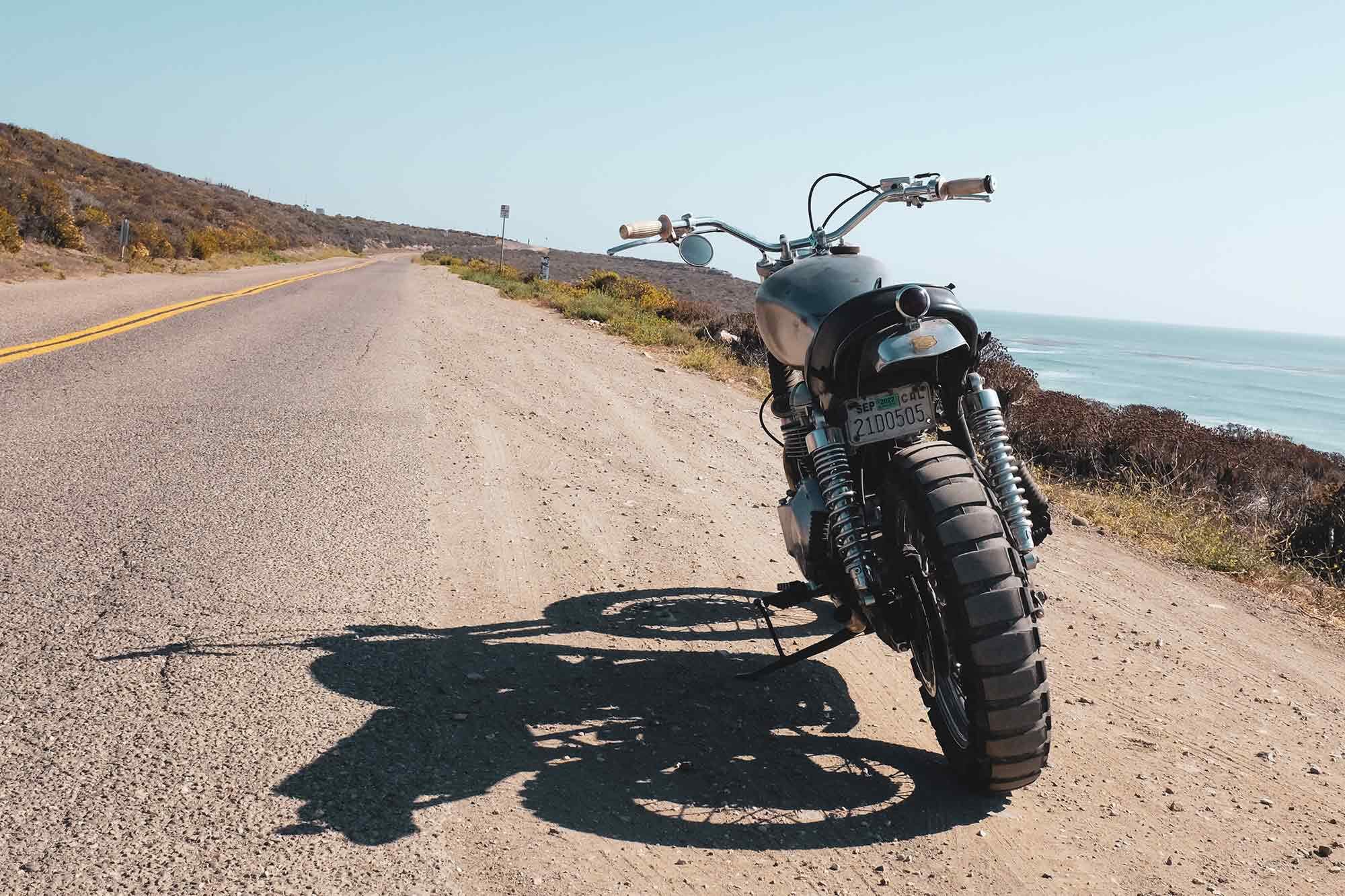 “El Trineo,” the author’s modern classic Triumph, at Jalama Beach.