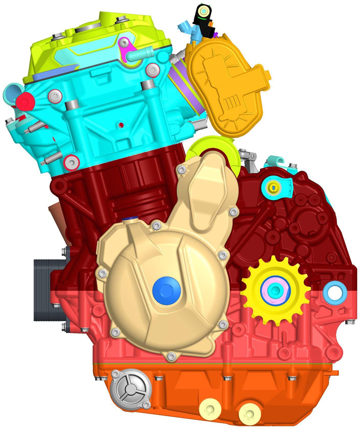 The 800cc powerplant looks externally identical to KTM’s LC8c mill, though the different castings hint that it’s not likely to be an outright copy.