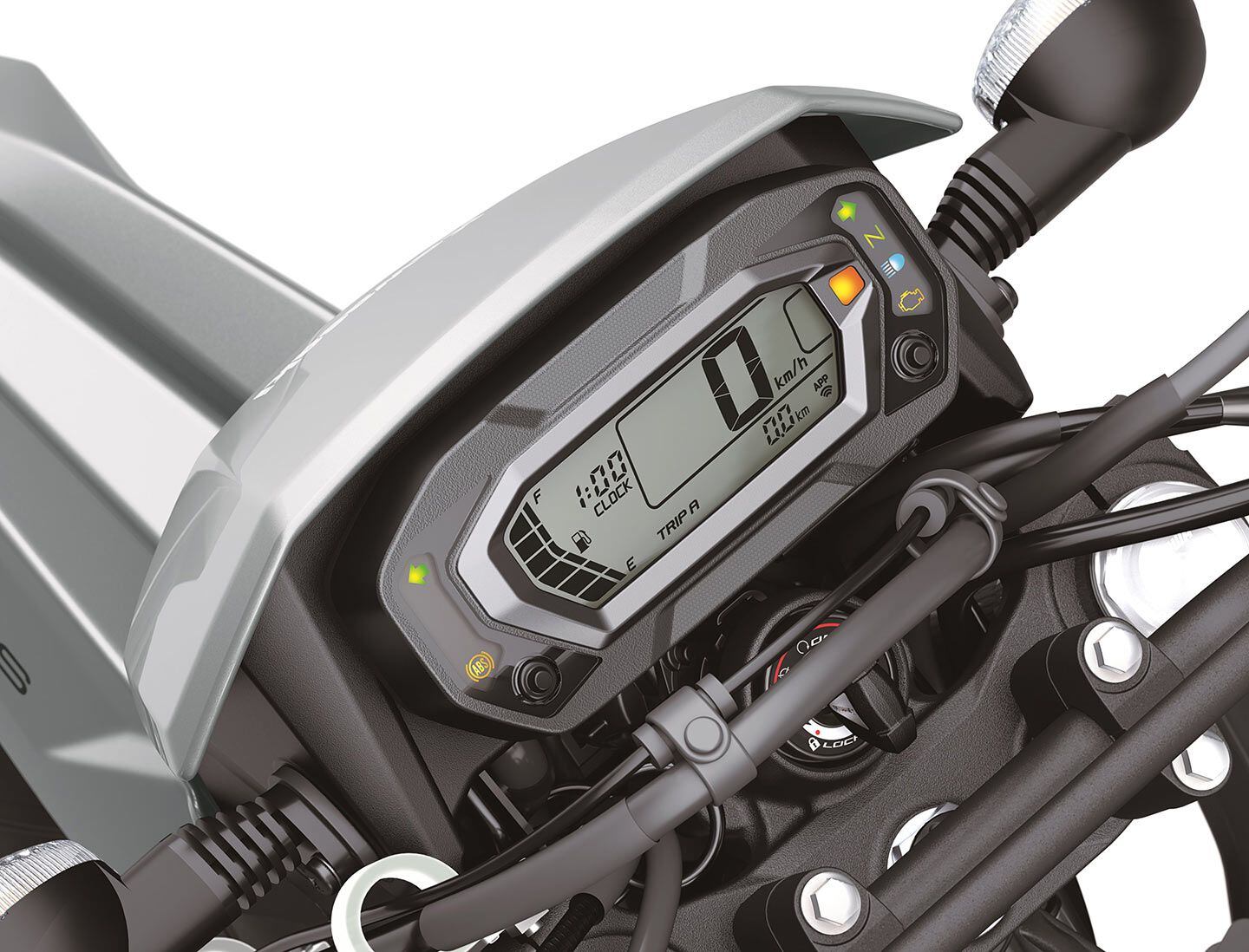 The digital dash now features smartphone connectivity through the Kawasaki Rideology app.