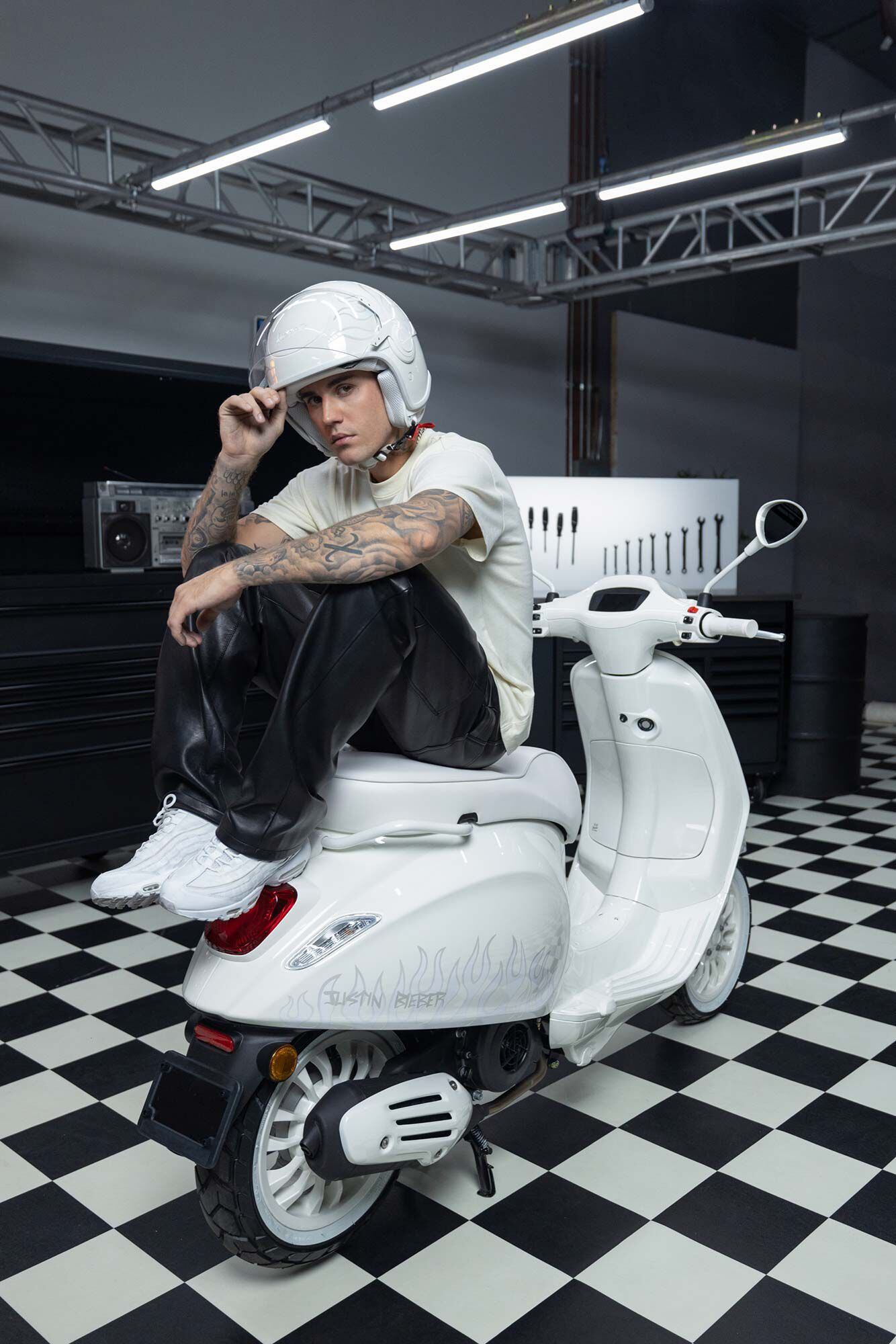 A study in white, the Justin Bieber Vespa is going to stand out and make a definite fashion statement.