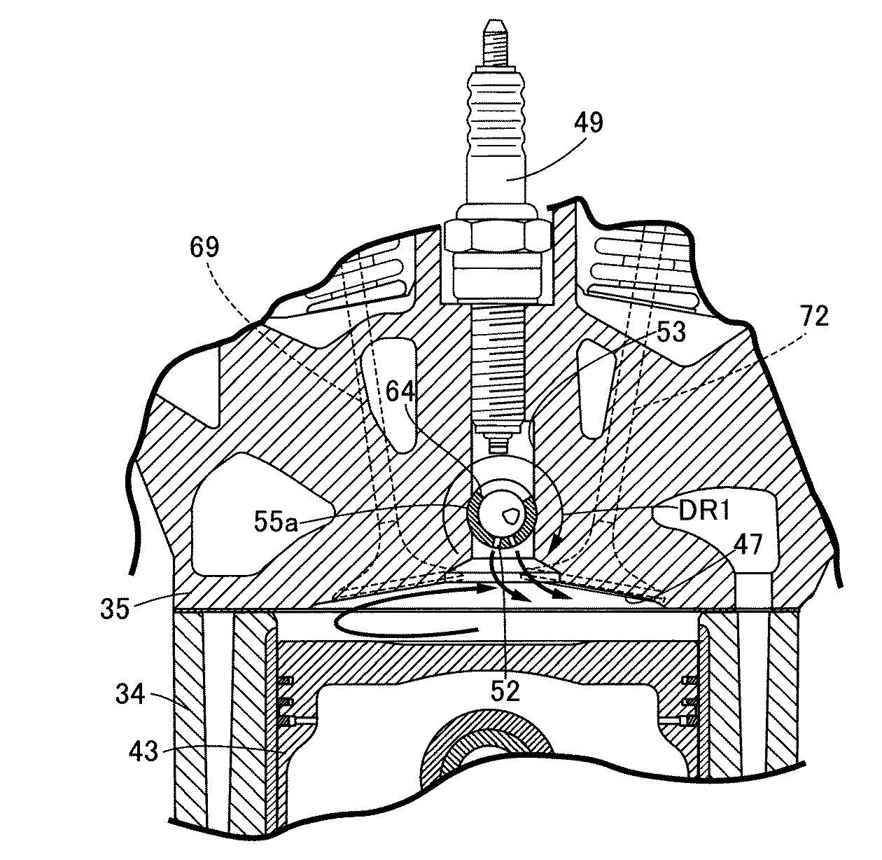 The arrangement allows for a better purge of exhaust gases in the prechamber and a more complete burn in the main chamber.