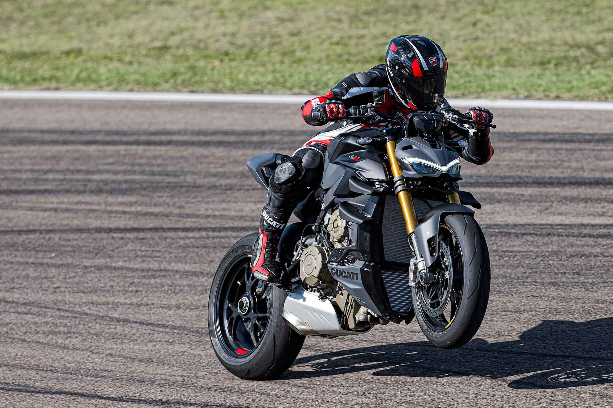 The whole streetfighter idiom harks back to UK riders who took crashed sportbikes and put them back on the street sans bodywork. They often got a flat-black rattle-can paint job too. The new Streetfighter V4 S is way more refined, but black still suits it.