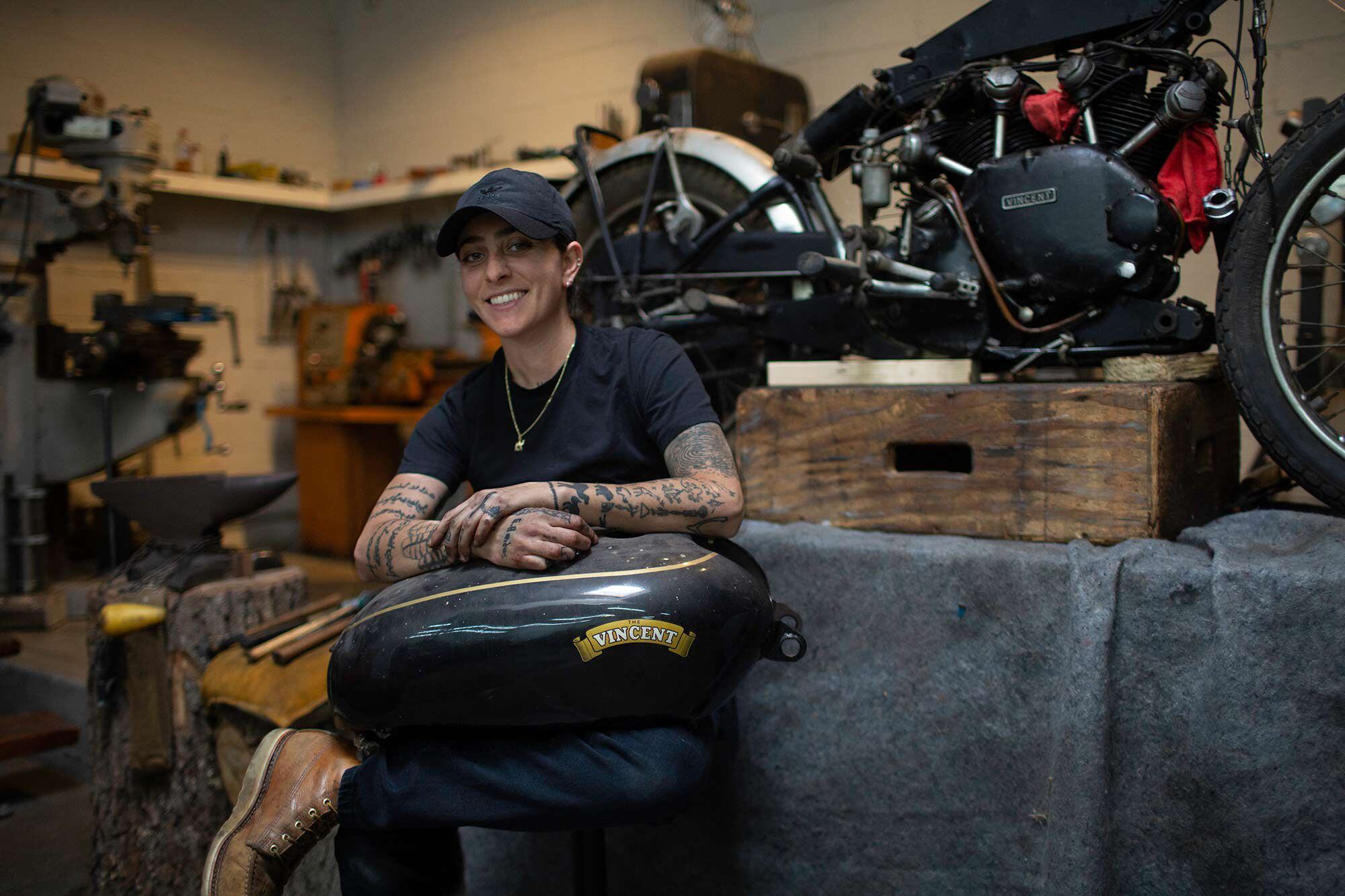 J. Shia with the 1951 Vincent Black Shadow she found in Ruthie’s basement.