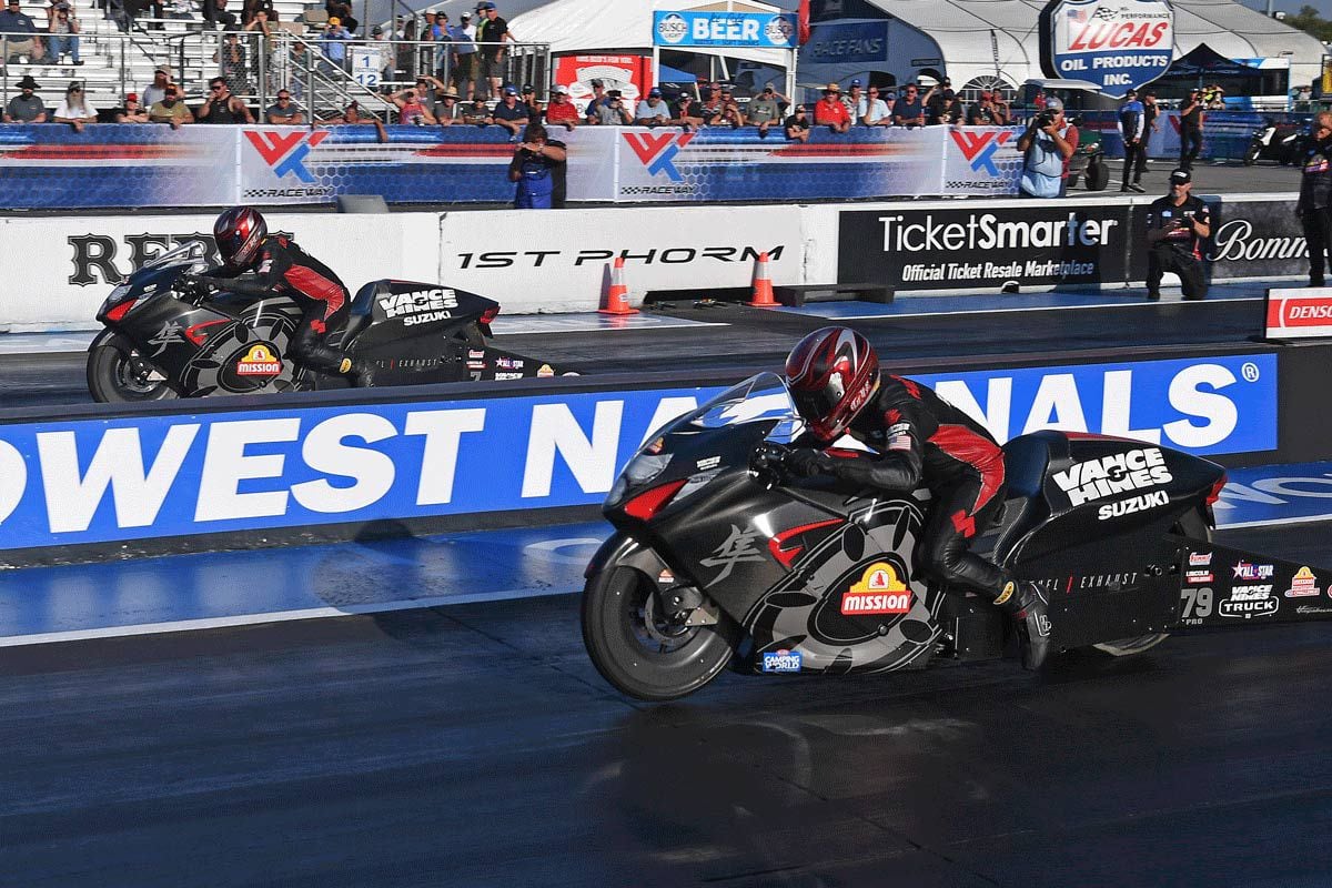 Watch the Vance & Hines/Mission Suzuki Gen3 Hayabusas go down the track at over 200 mph.