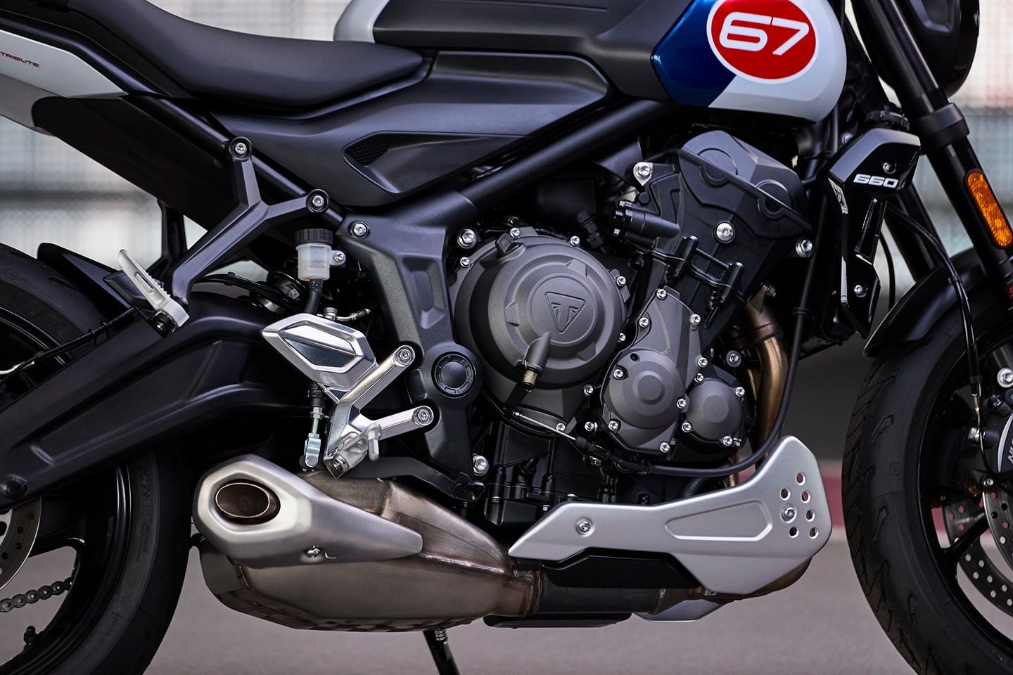 The 660cc engine is a shorter-stroke version of the triple that once powered Triumph’s 675 supersport. In this lower-performing application, maintenance intervals are stretched to 10,000 miles.