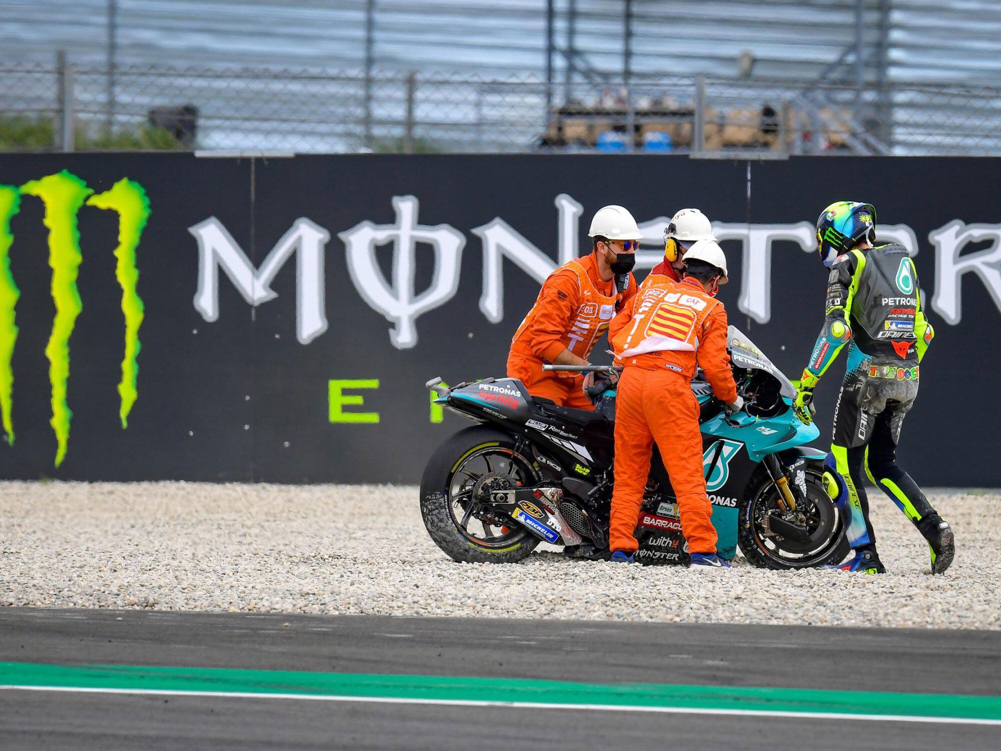 The Doctor goes gardening. Valentino Rossi ended the day with a DNF, along with Marc Márquez and four more riders.