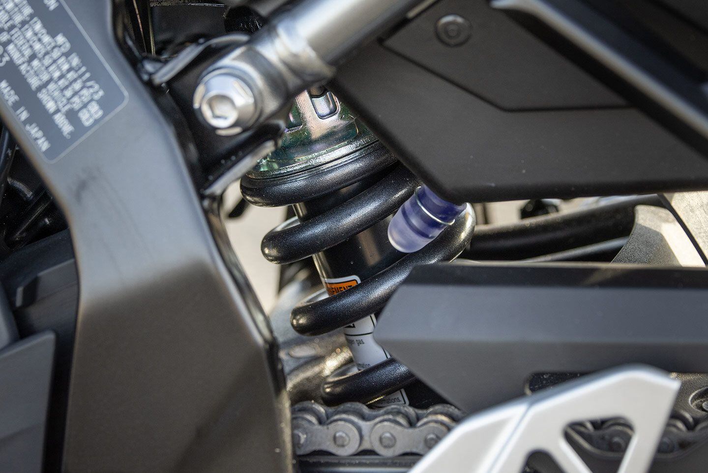 The only suspension adjustment available on the 8R is rear shock preload, which was dialed up to the fifth of seven settings.