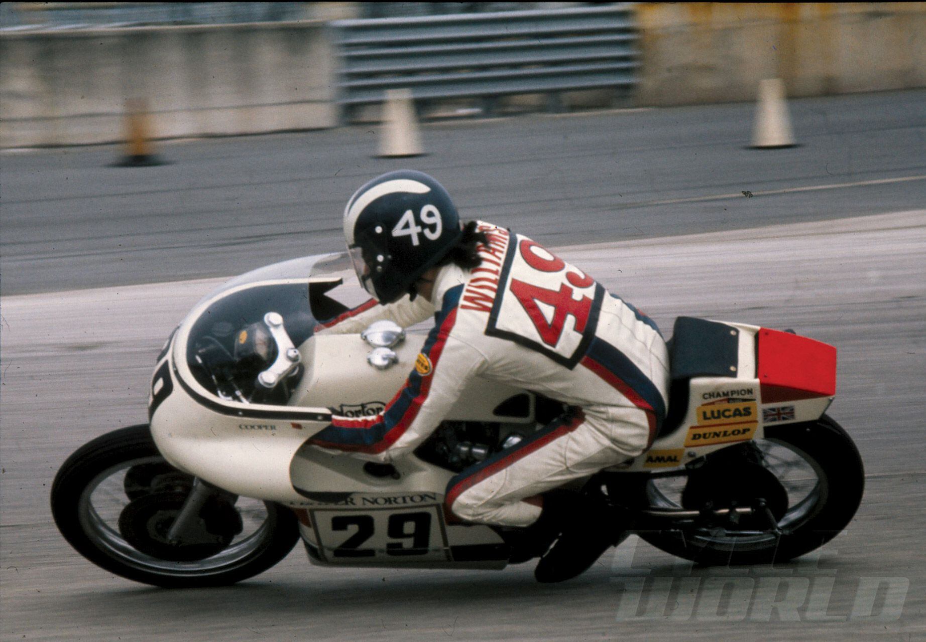 Williams won the Formula 750 TT race on a John Player Norton, serving as the team designer and rider.