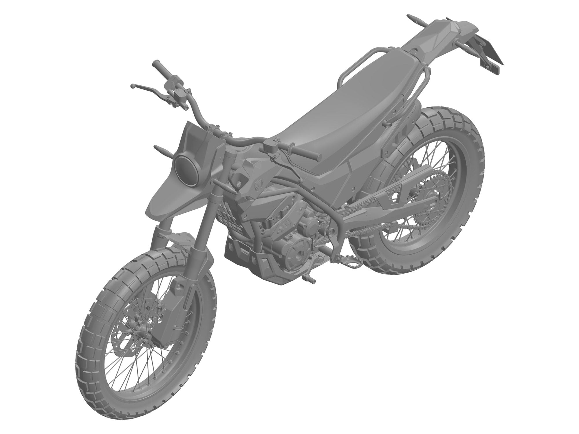 The CAD images show lots of details that suggest the bike is intended for the street, including lights, turn signals, and a license plate holder.