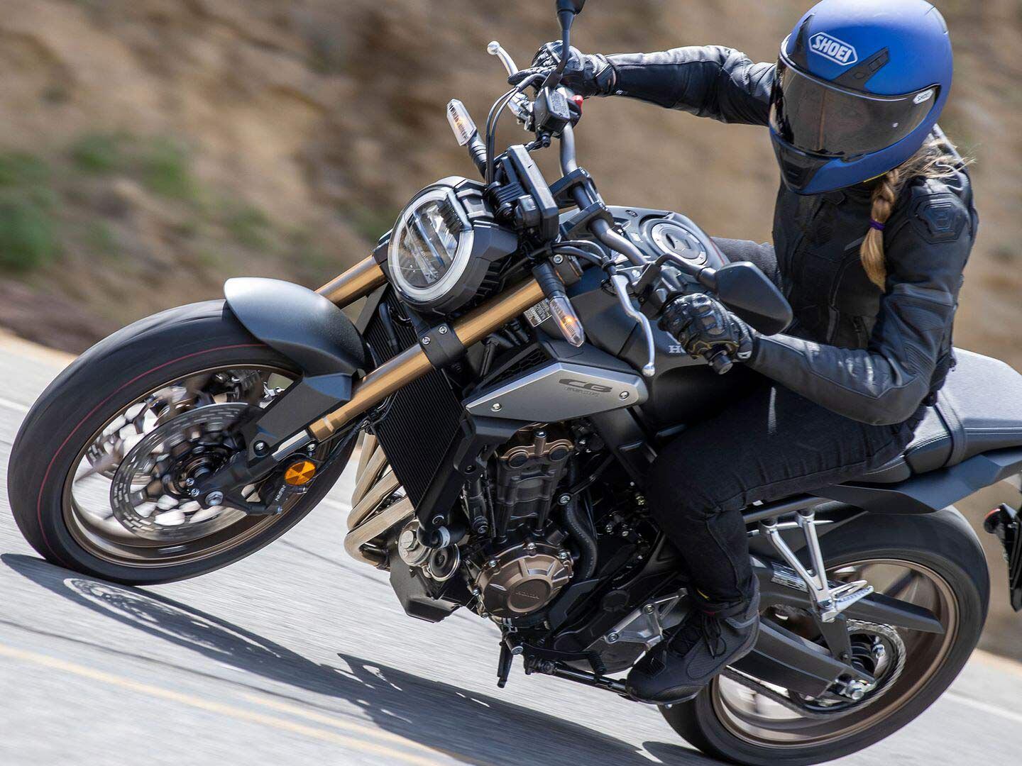 A single finger on the brake lever is practically all you need to bring the CB to a halt.